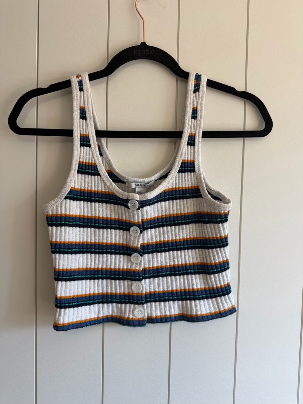 Forever 21 White Ribbed Cropped Tank with Navy and Mustard Stripes